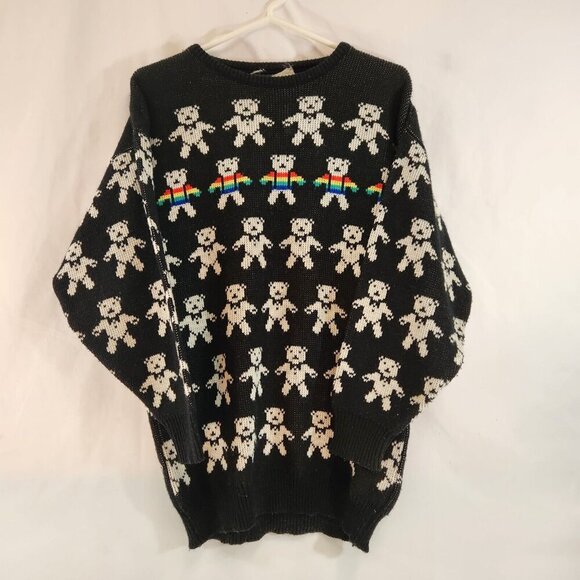Teddy Bear Tuxedo Ugly Sweater Rainbow Strip Black & White Vtg Unisex Holiday - Picture 1 of 10